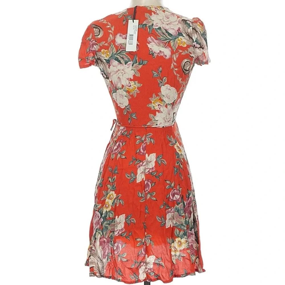 Rollas Dancer - Coral Red Dress - Wrap Floral Print Dress - Lulus NEW XS - Picture 3 of 7